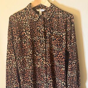 Nine West Leopard Print Long Sleeve Button Down Blouse Y2K Trendy